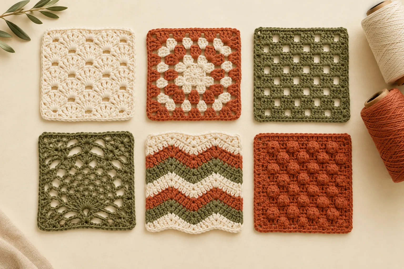 Cotton yarn in Milk, Terracotta and Olive with a crochet swatch