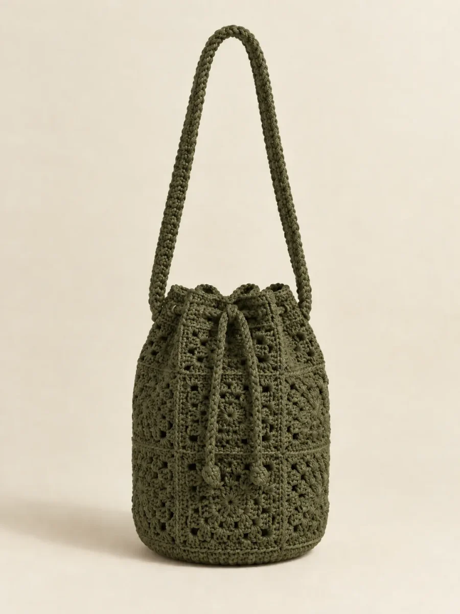 Granny Square Bucket Bag in Olive, front view