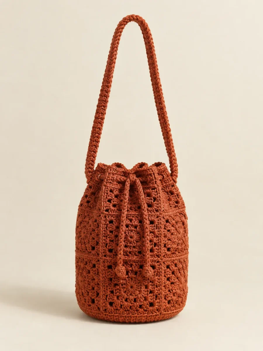 Granny Square Bucket Bag in Terracotta, front view