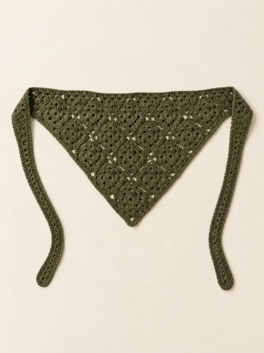 Granny Square Hair Scarf in Olive, front view