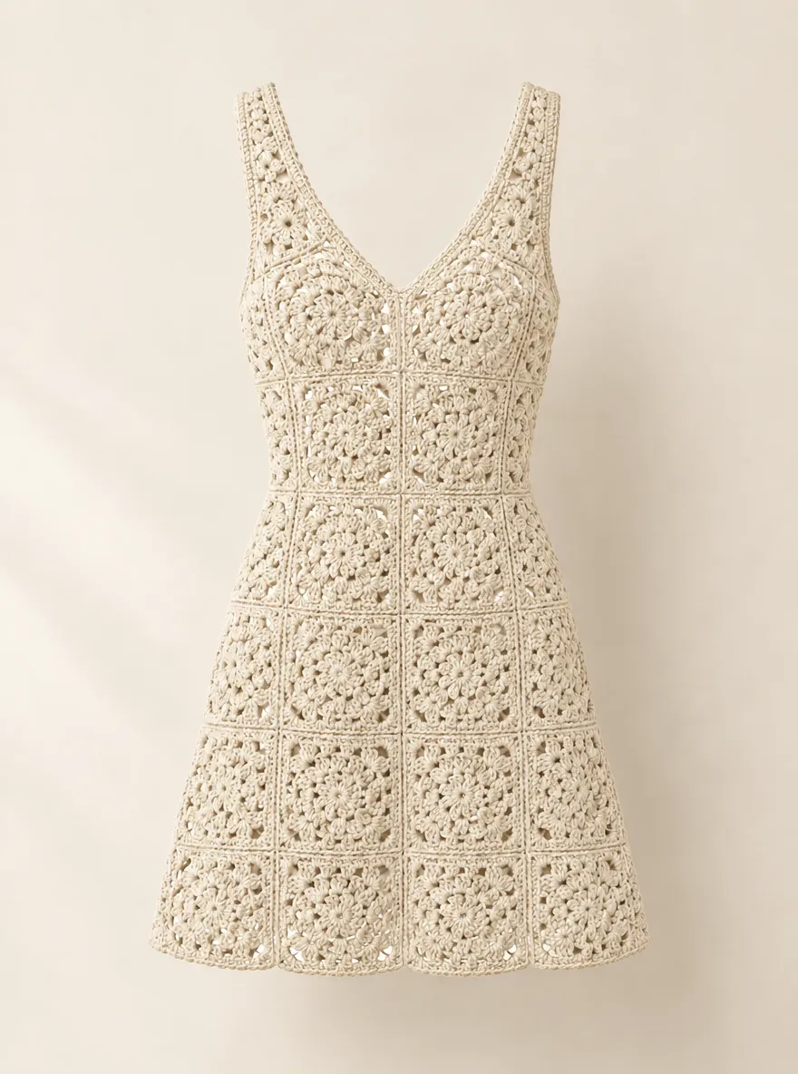 Granny Square Mini Dress in Milk, front view