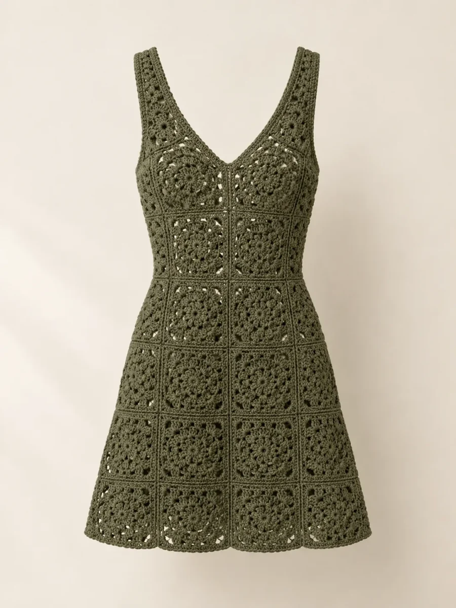 Granny Square Mini Dress in Olive, front view