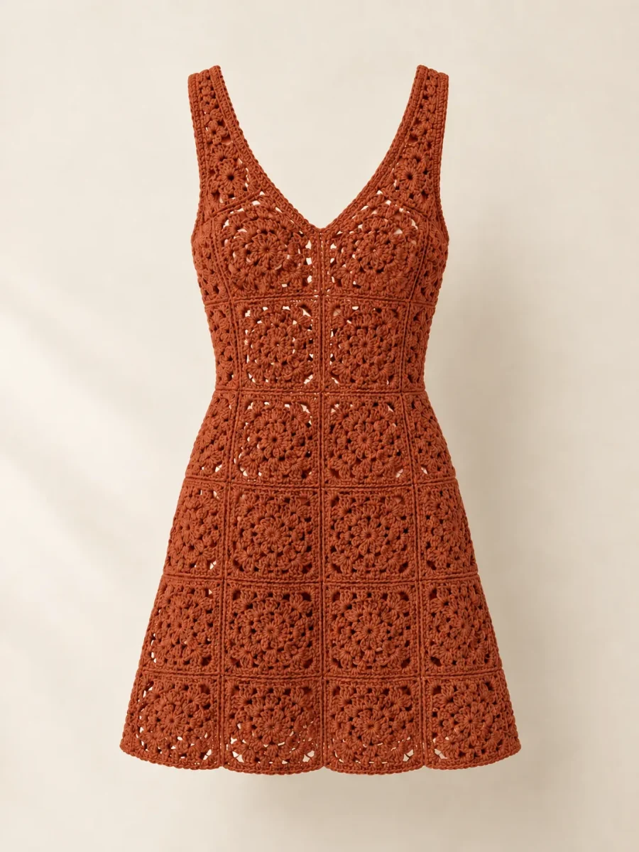 Granny Square Mini Dress in Terracotta, front view