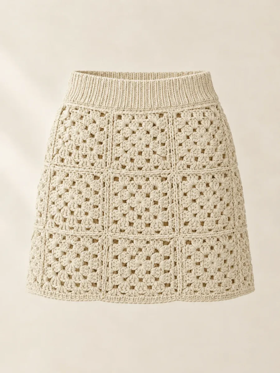 Granny Square Mini Skirt in Milk, front view
