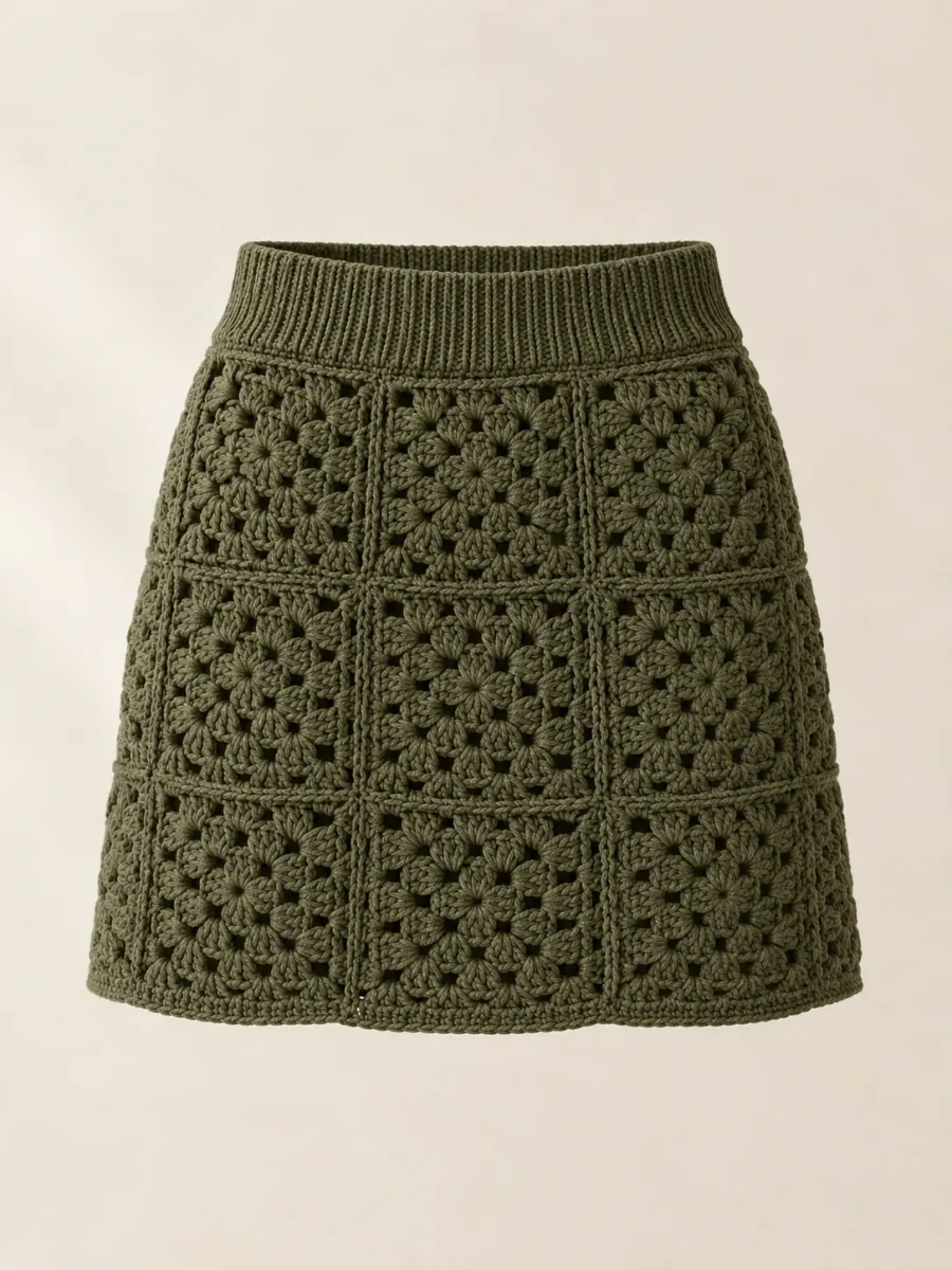 Granny Square Mini Skirt in Olive, front view