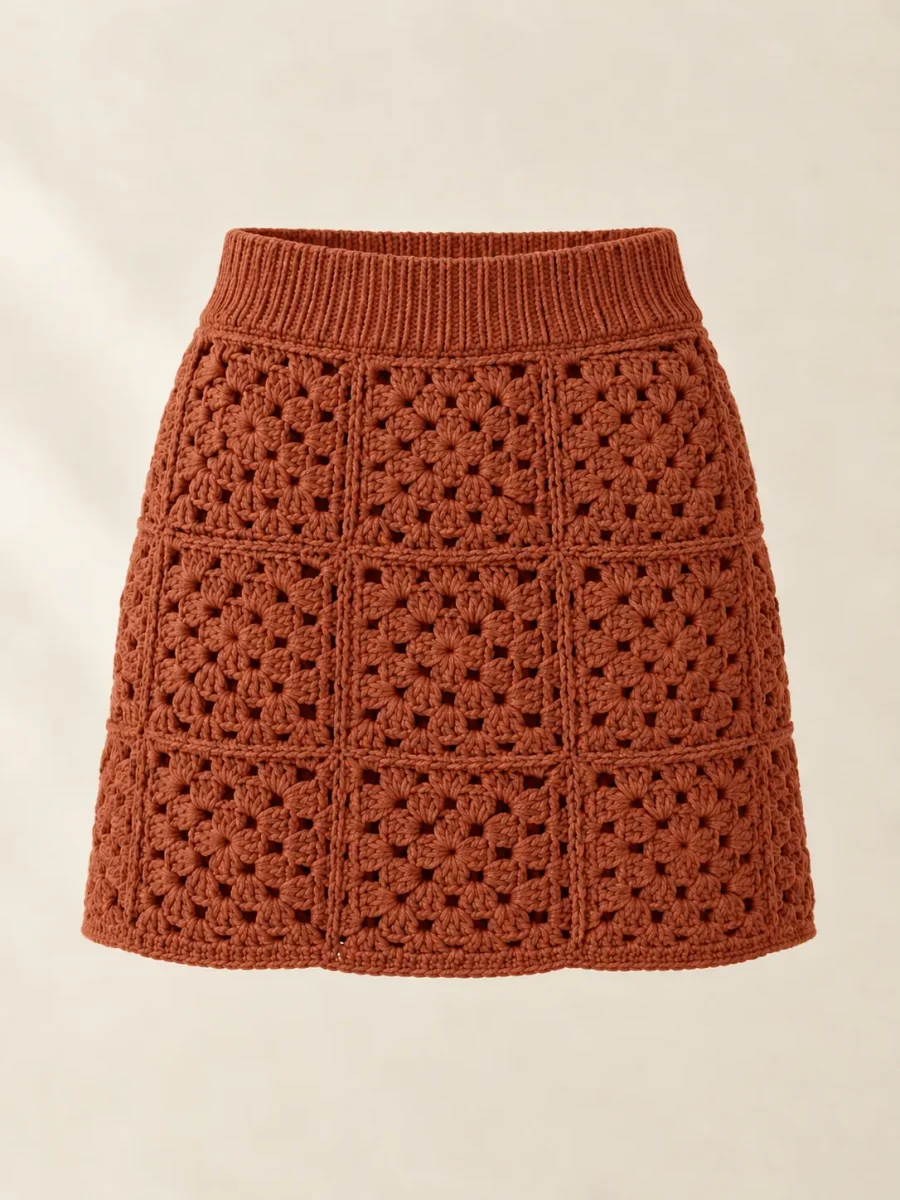Granny Square Mini Skirt in Terracotta, front view