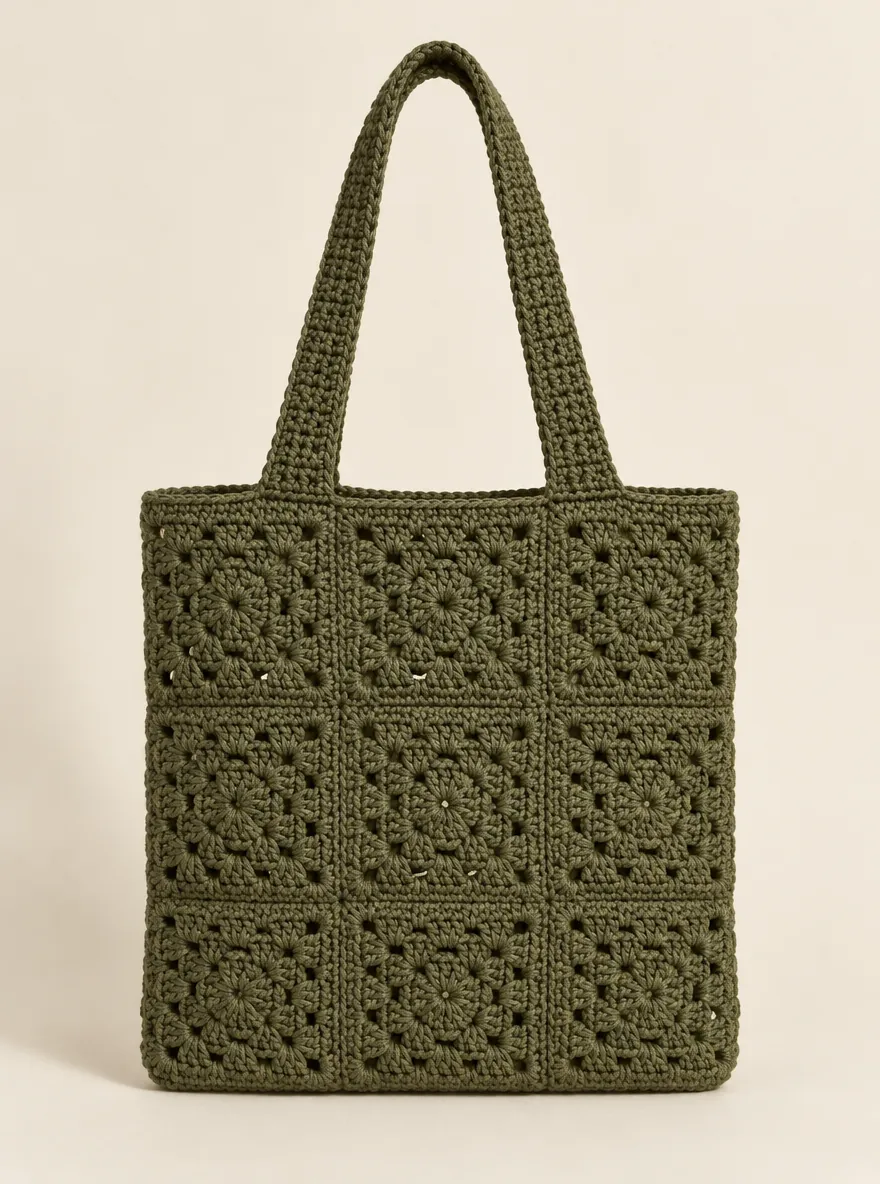 Granny Square Tote in Olive, front view