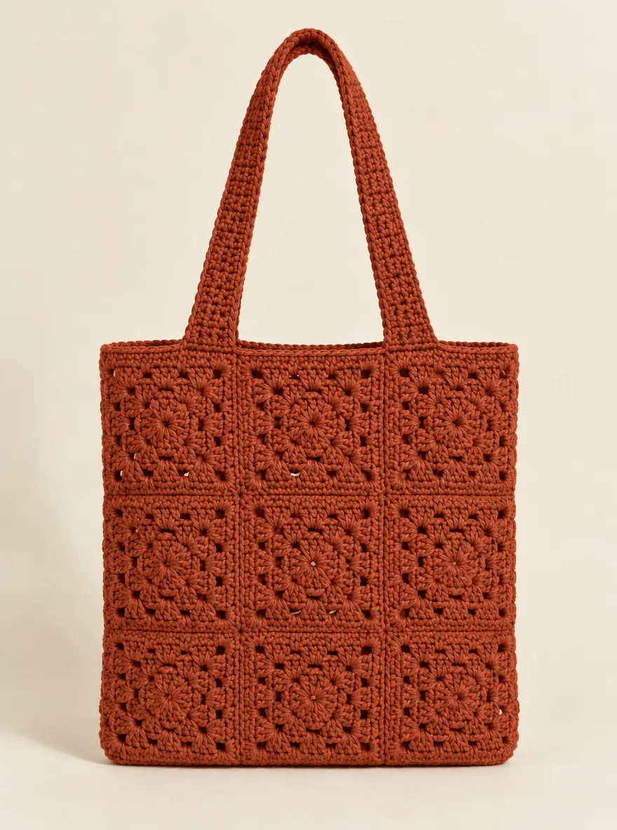 Granny Square Tote in Terracotta, front view