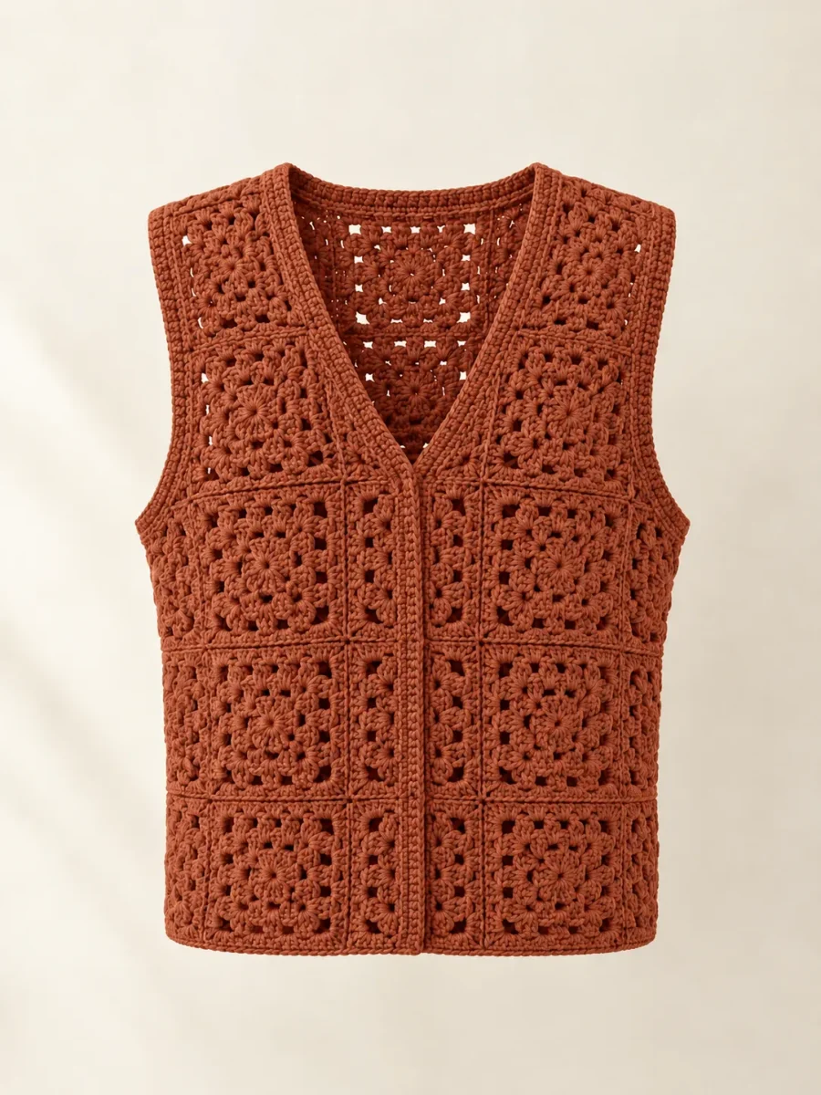 Granny Square Vest in Terracotta, front view