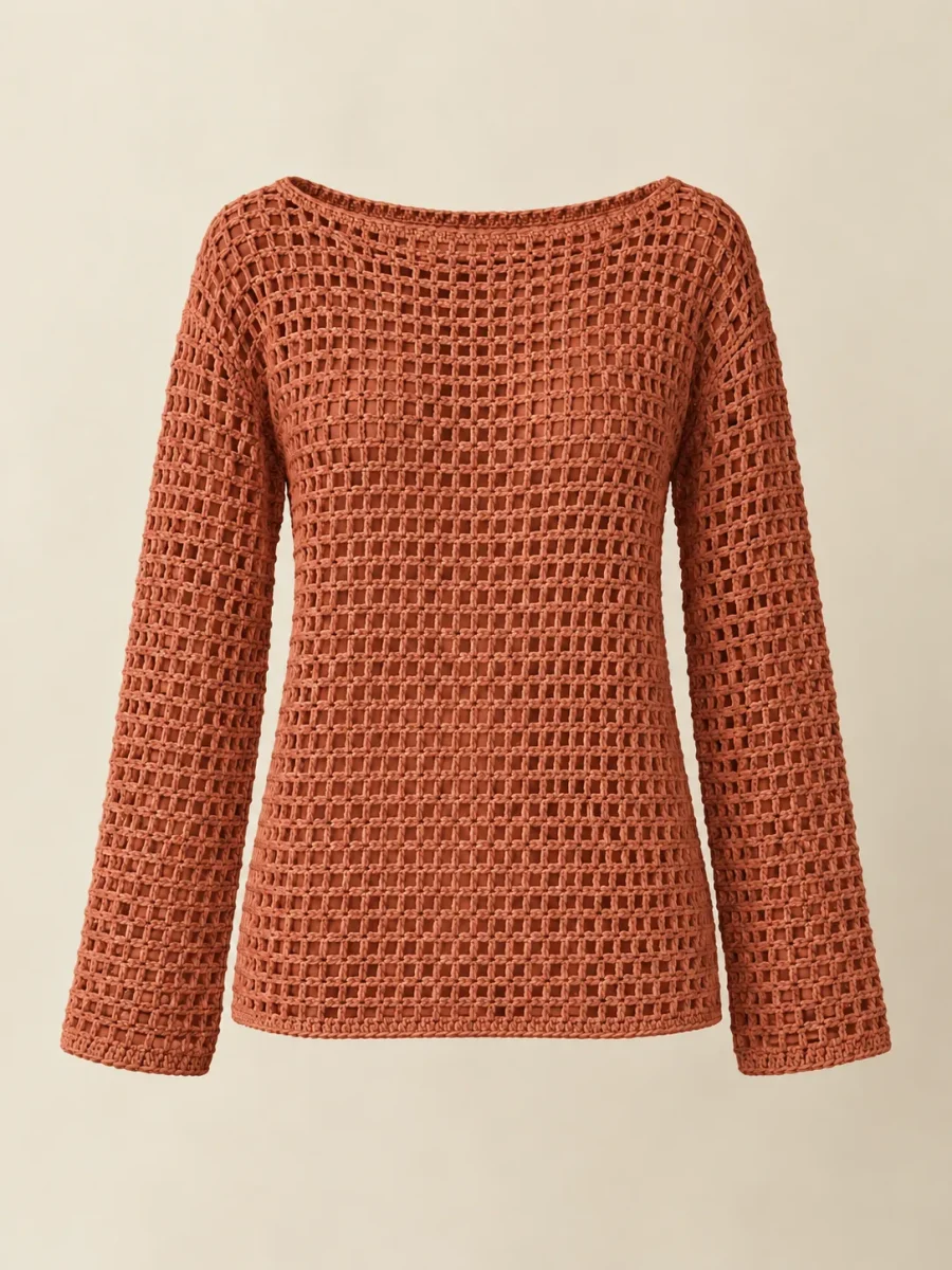 Mesh Long-Sleeve Top in Terracotta, front view