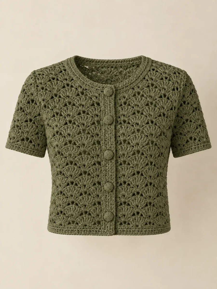 Shell Cropped Cardigan in Olive, front view