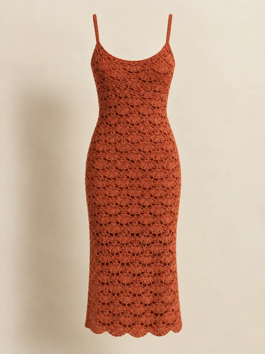Shell Midi Dress in Terracotta, front view
